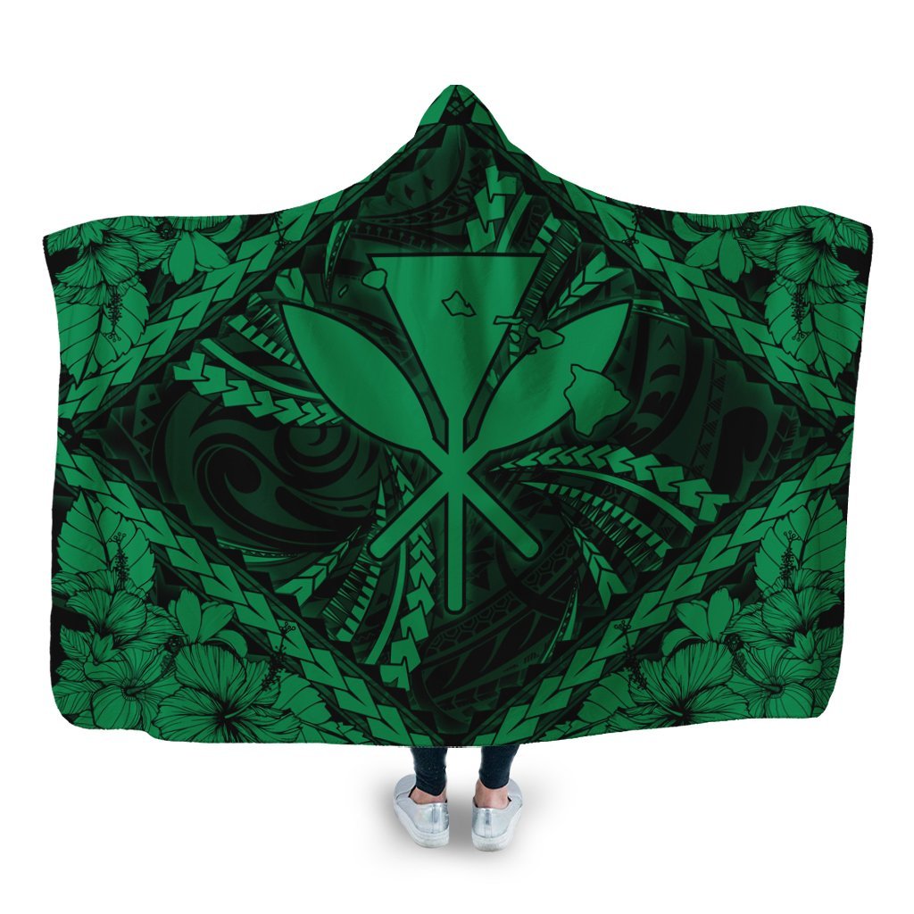 Hawaiian Map Kanaka Hibiscus Green Polynesian Hooded Blanket - AH Hooded Blanket White - Polynesian Pride