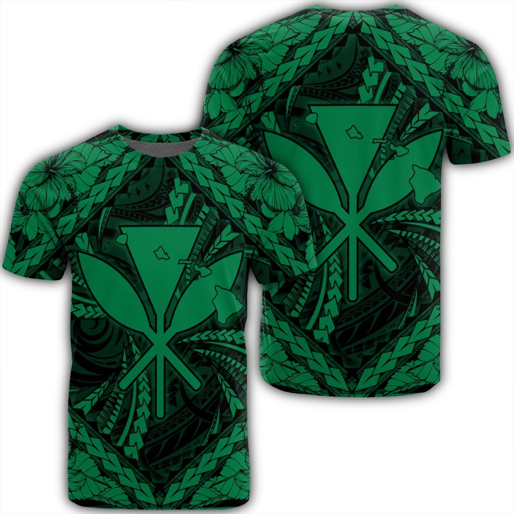 Hawaiian Map Kanaka Hibiscus Green Polynesian T Shirt Unisex Black - Polynesian Pride