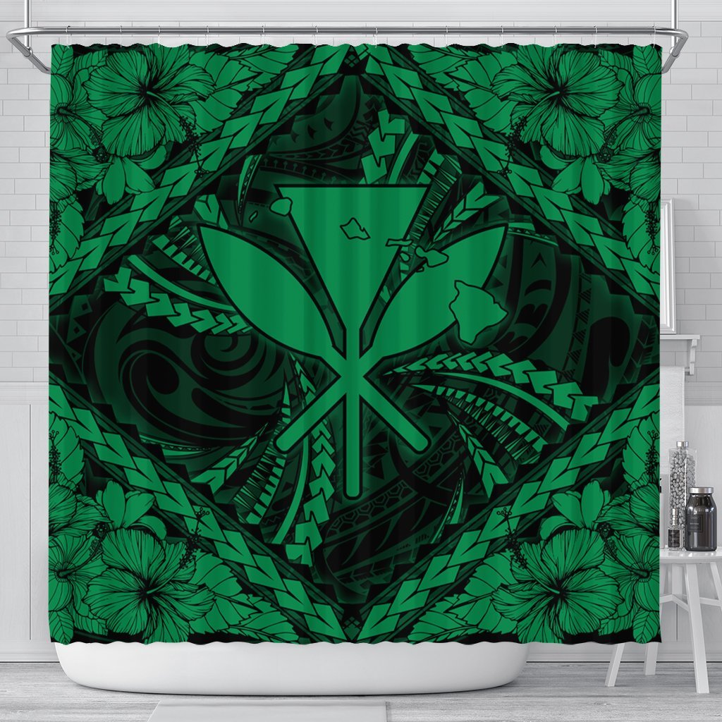 Hawaiian Map Kanaka Hibiscus Green Polynesian Shower Curtain - AH 177 x 172 (cm) Black - Polynesian Pride