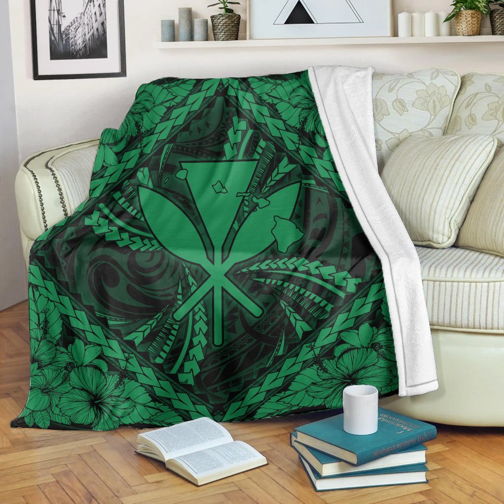 Hawaiian Map Kanaka Hibiscus Green Polynesian Premium Blankets - AH White - Polynesian Pride