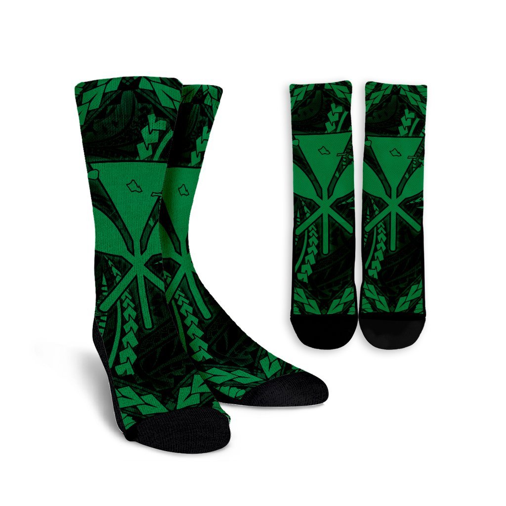 Hawaiian Map Kanaka Hibiscus Green Polynesian Crew Socks - AH Crew Socks White - Polynesian Pride