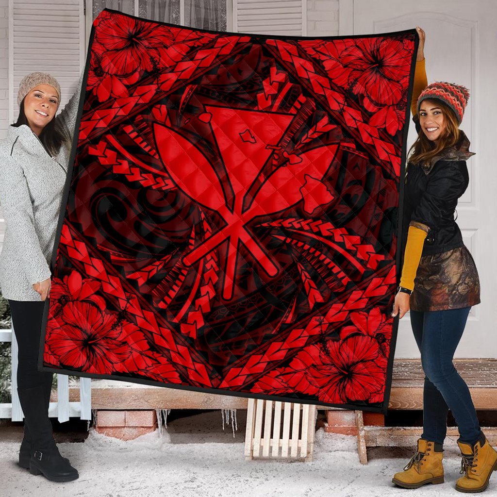 Hawaiian Map Kanaka Hibiscus Red Polynesian Premium Quilts - AH - Polynesian Pride