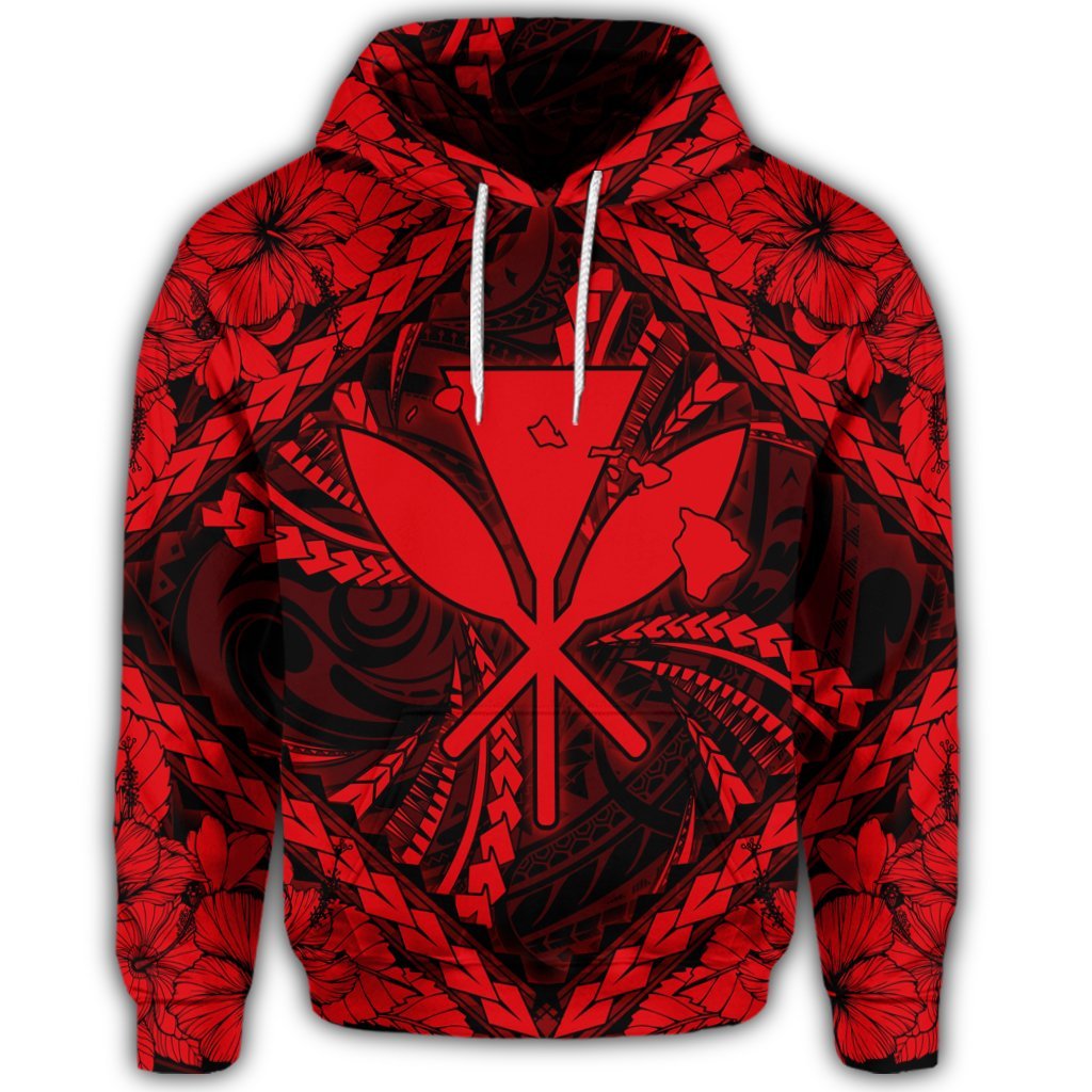 Hawaiian Map Kanaka Hibiscus Red Polynesian Hoodie - Polynesian Pride