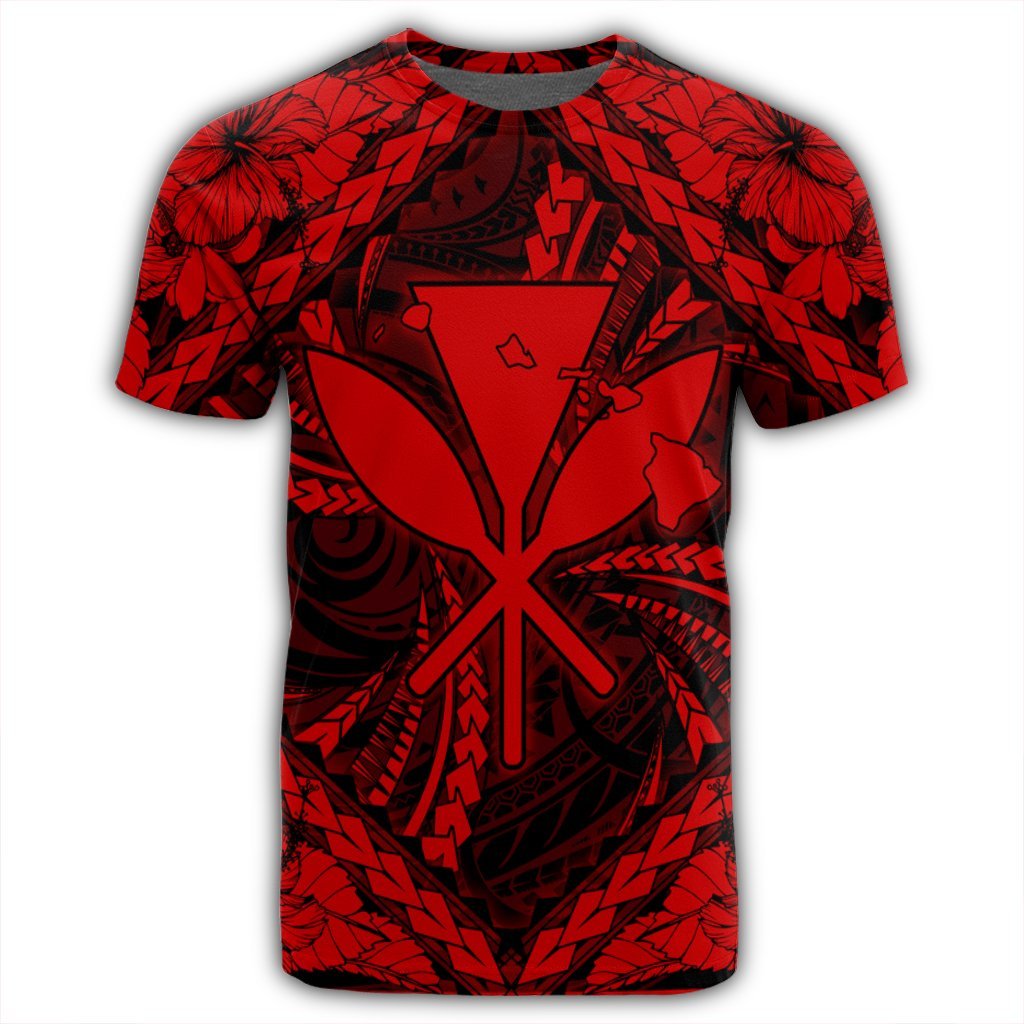 Hawaiian Map Kanaka Hibiscus Red Polynesian T Shirt - Polynesian Pride