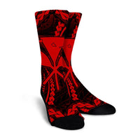 Hawaiian Map Kanaka Hibiscus Red Polynesian Crew Socks - AH - Polynesian Pride
