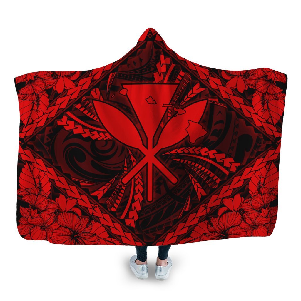 Hawaiian Map Kanaka Hibiscus Red Polynesian Hooded Blanket - AH Hooded Blanket White - Polynesian Pride