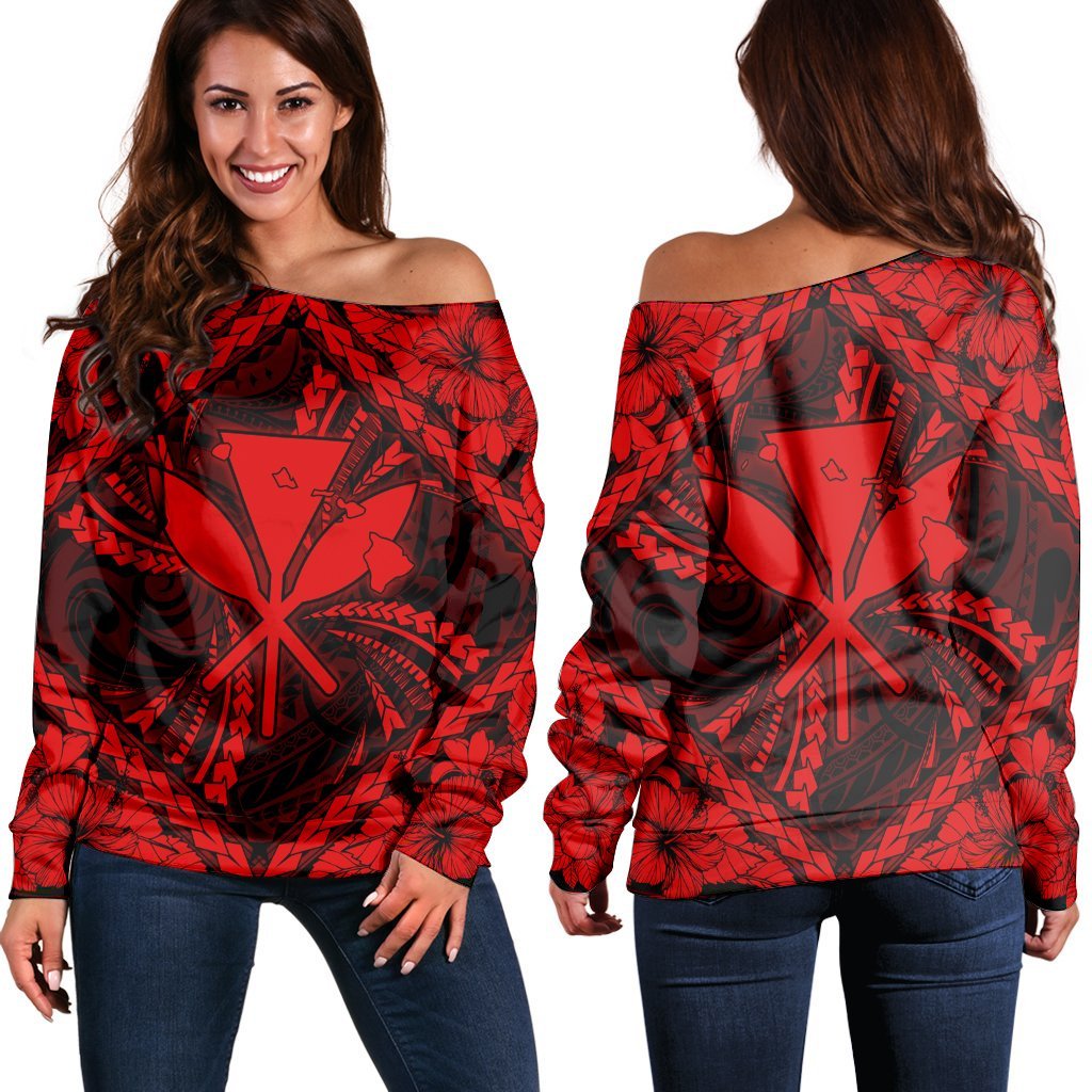 Hawaiian Map Kanaka Hibiscus Red Polynesian Women's Off Shoulder Sweater - AH Black - Polynesian Pride