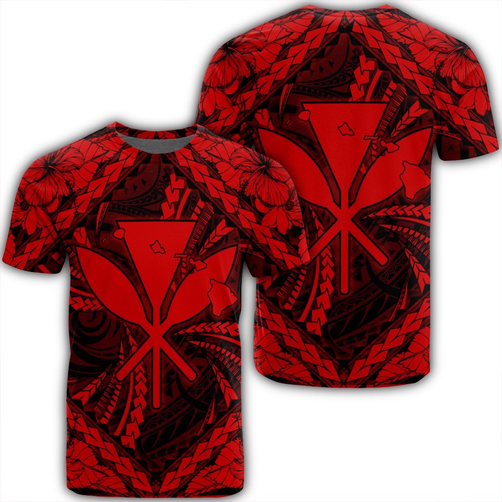 Hawaiian Map Kanaka Hibiscus Red Polynesian T Shirt Unisex Black - Polynesian Pride