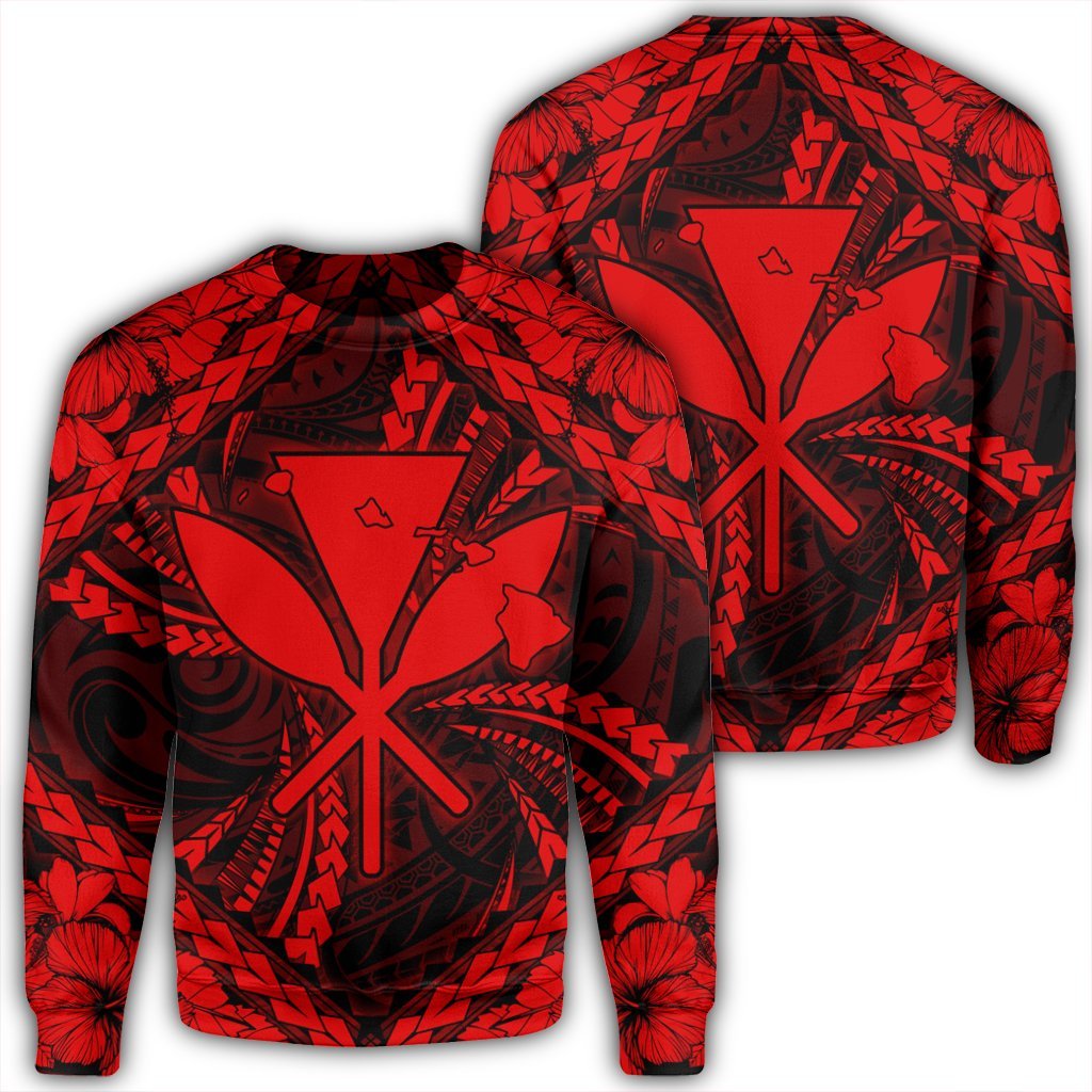Hawaiian Map Kanaka Hibiscus Red Polynesian Sweatshirt - AH Unisex Black - Polynesian Pride