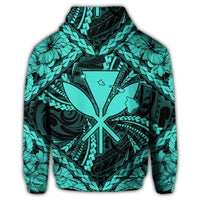 Hawaiian Map Kanaka Hibiscus Turquoise Polynesian Zip Hoodie - Polynesian Pride
