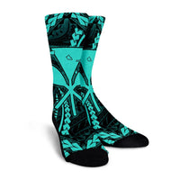 Hawaiian Map Kanaka Hibiscus Turquoise Polynesian Crew Socks - AH - Polynesian Pride