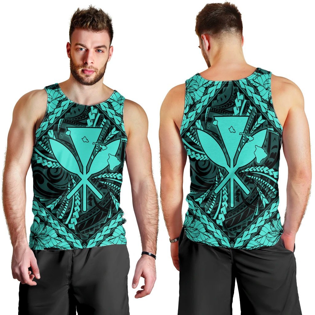 Hawaiian Map Kanaka Hibiscus Turquoise Polynesian Tank Top - AH - Polynesian Pride