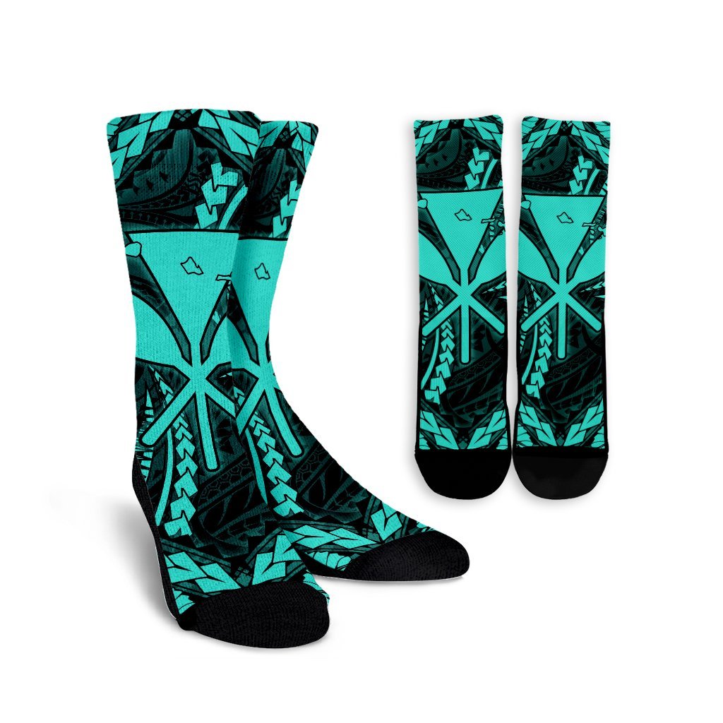 Hawaiian Map Kanaka Hibiscus Turquoise Polynesian Crew Socks - AH Crew Socks White - Polynesian Pride