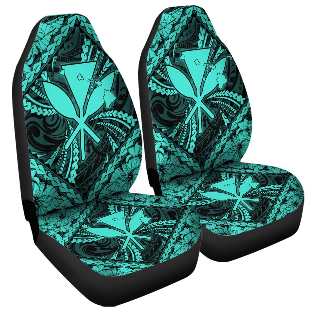 Hawaiian Map Kanaka Hibiscus Turquoise Polynesian Car Seat Covers - AH Universal Fit Black - Polynesian Pride