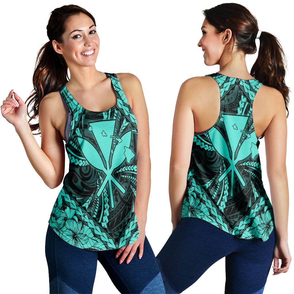 Hawaiian Map Kanaka Hibiscus Turquoise Polynesian Racerback Tank - AH Black - Polynesian Pride