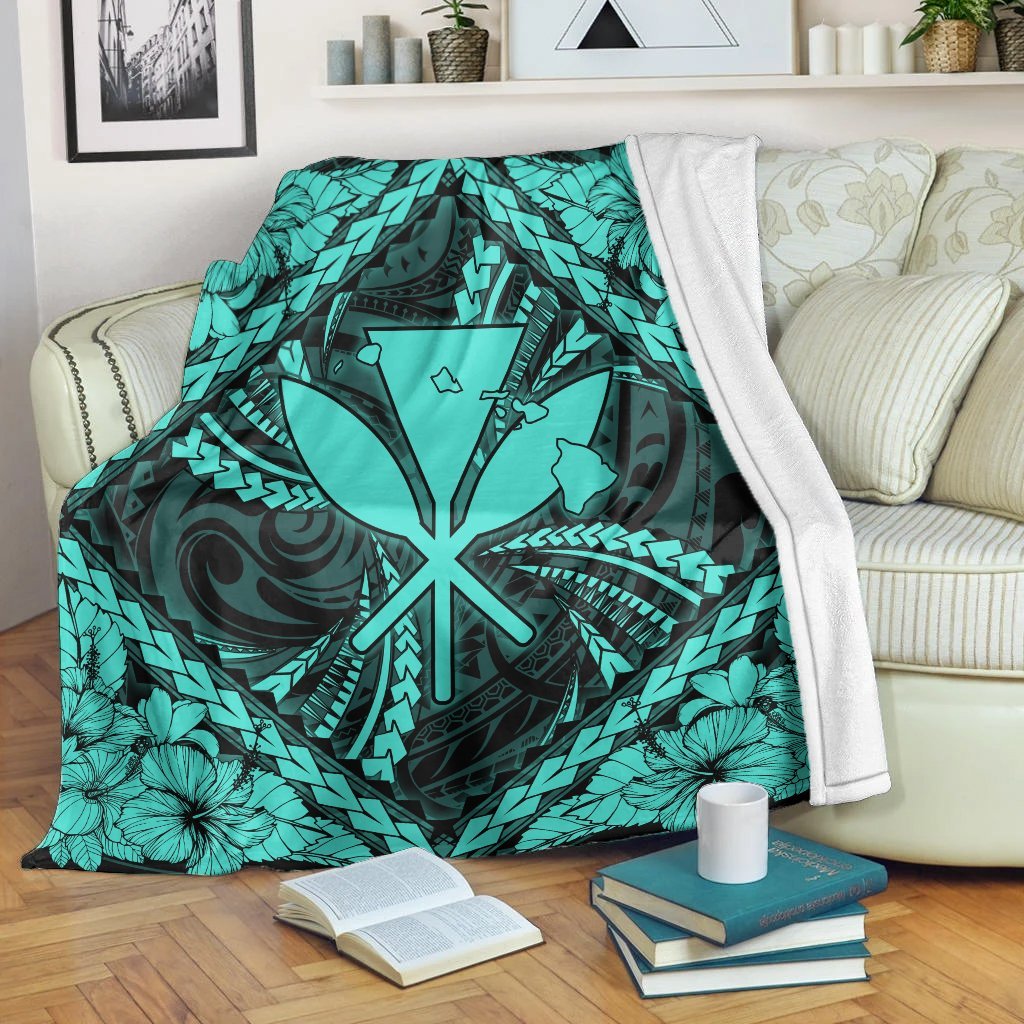 Hawaiian Map Kanaka Hibiscus Turquoise Polynesian Premium Blankets - AH White - Polynesian Pride