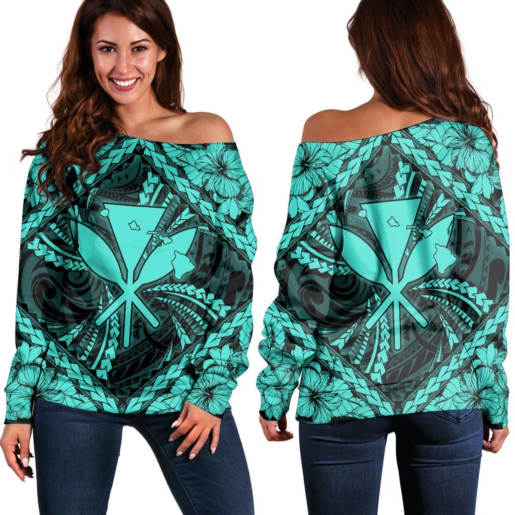 Hawaiian Map Kanaka Hibiscus Turquoise Polynesian Women's Off Shoulder Sweater - AH Black - Polynesian Pride