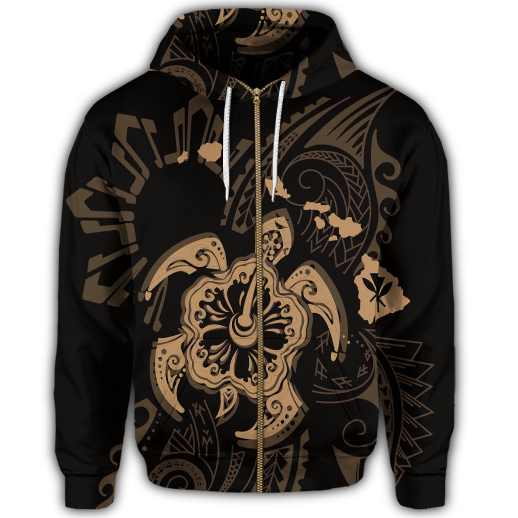 Hawaiian Map Kanaka Hibiscus Turtle Gold Polynesian Zip Hoodie - Polynesian Pride