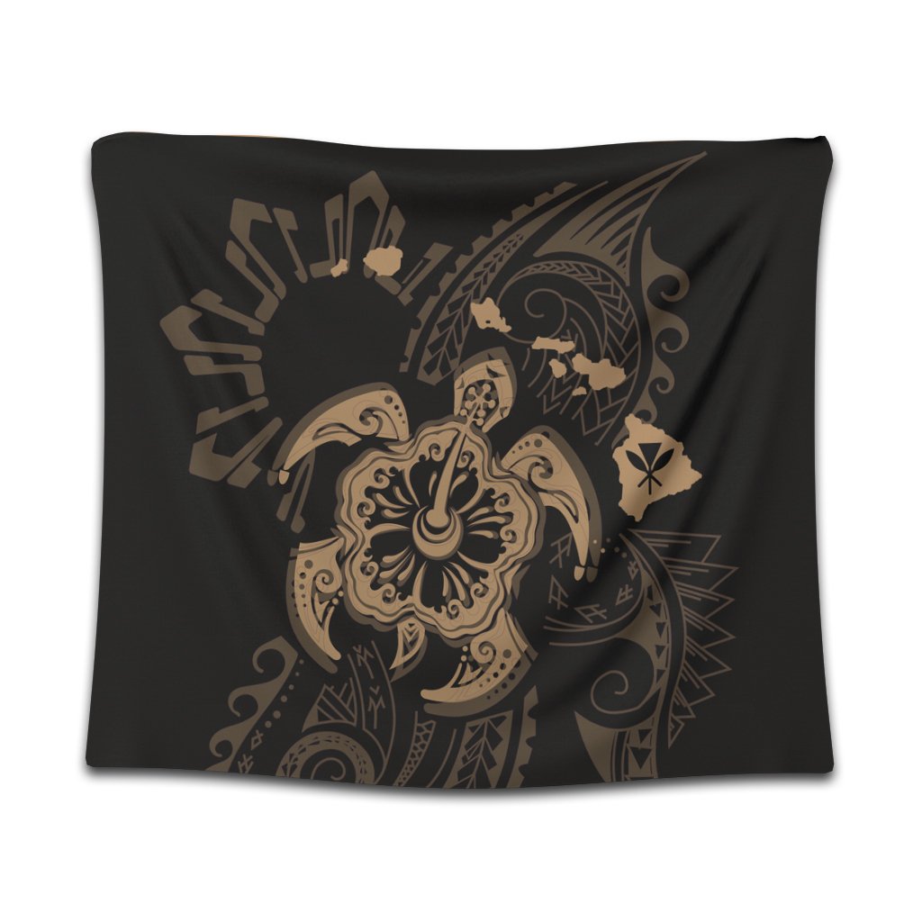 Hawaiian Map Kanaka Hibiscus Turtle Gold Polynesian Tapestry - AH Wall Tapestry Black - Polynesian Pride