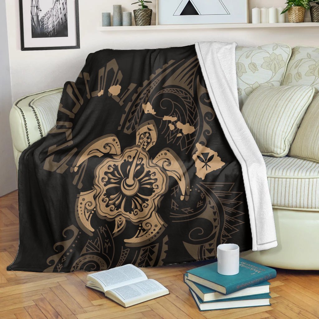 Hawaiian Map Kanaka Hibiscus Turtle Gold Polynesian Premium Blankets - AH White - Polynesian Pride