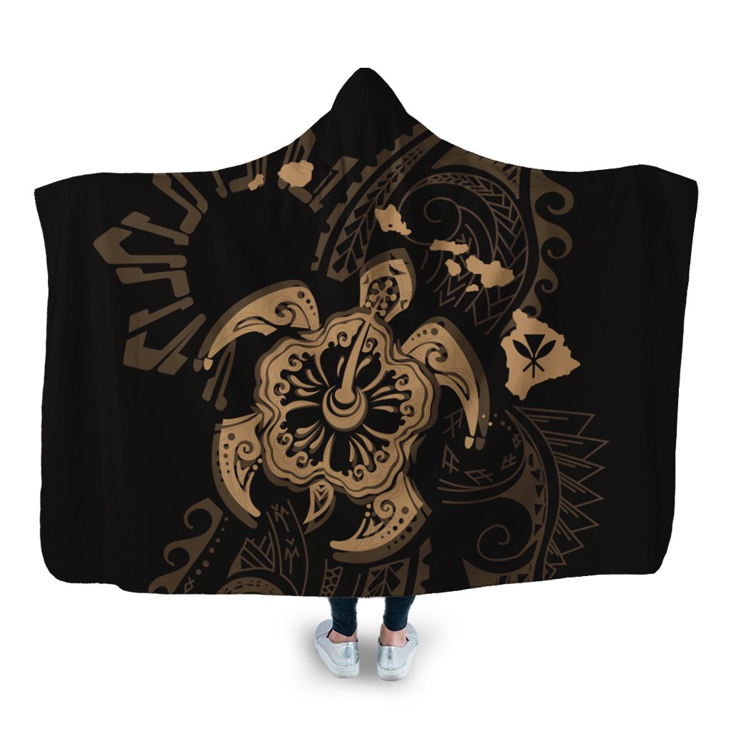 Hawaiian Map Kanaka Hibiscus Turtle Gold Polynesian Hooded Blanket - AH Hooded Blanket White - Polynesian Pride