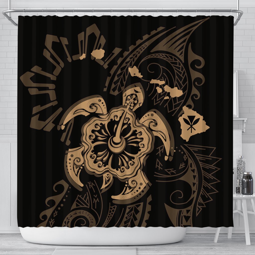 Hawaiian Map Kanaka Hibiscus Turtle Gold Polynesian Shower Curtain - AH 177 x 172 (cm) Black - Polynesian Pride