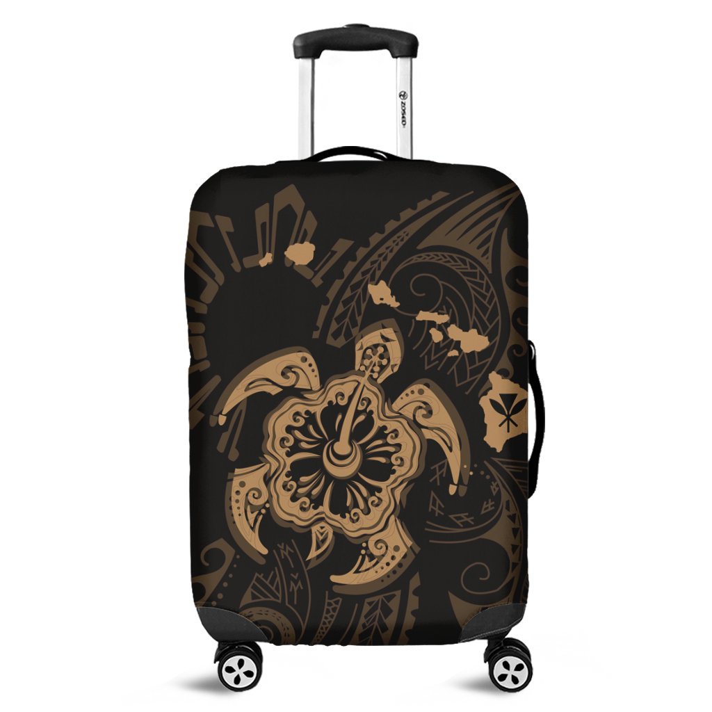 Hawaiian Map Kanaka Hibiscus Turtle Gold Polynesian Luggage Covers - AH Black - Polynesian Pride