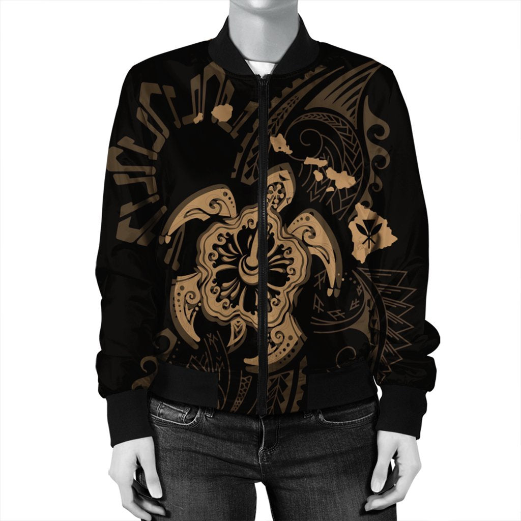 Hawaiian Map Kanaka Hibiscus Turtle Gold Polynesian Bomber Jacket - AH - Polynesian Pride