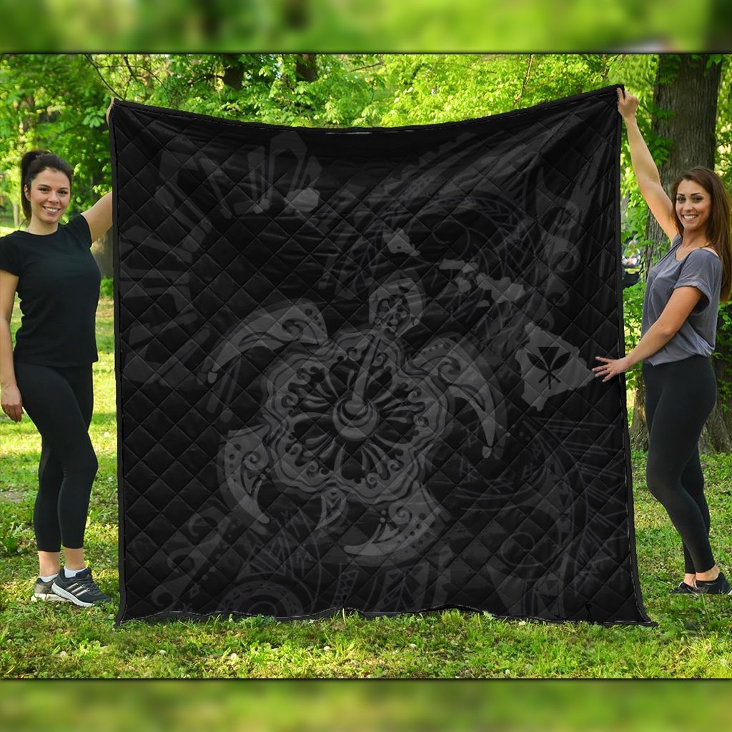 Hawaiian Map Kanaka Hibiscus Turtle Gray Polynesian Premium Quilts - AH Black - Polynesian Pride