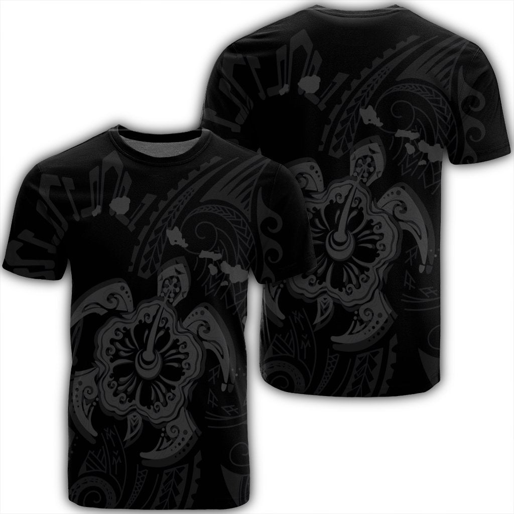 Hawaiian Map Kanaka Hibiscus Turtle Gray Polynesian T Shirt Unisex Black - Polynesian Pride