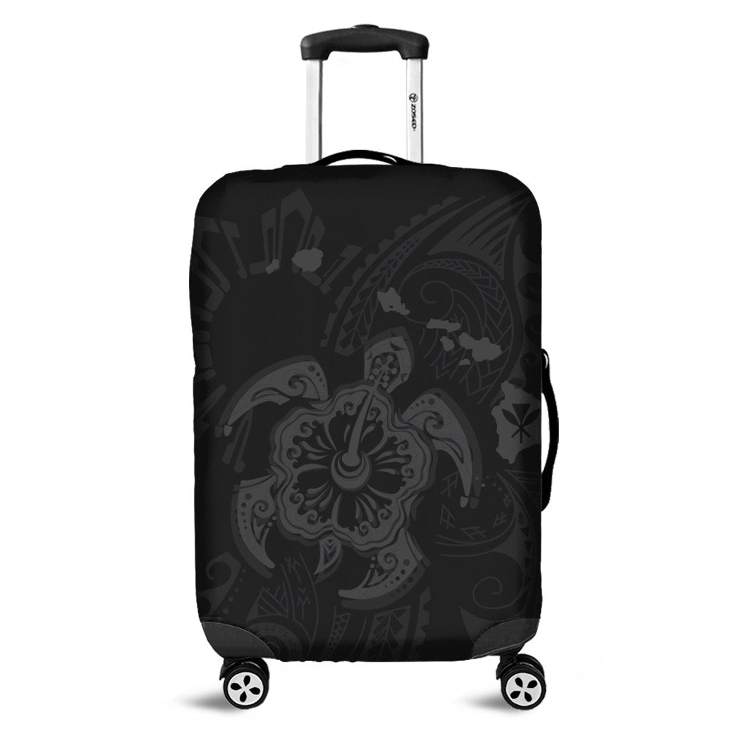 Hawaiian Map Kanaka Hibiscus Turtle Gray Polynesian Luggage Covers - AH Black - Polynesian Pride