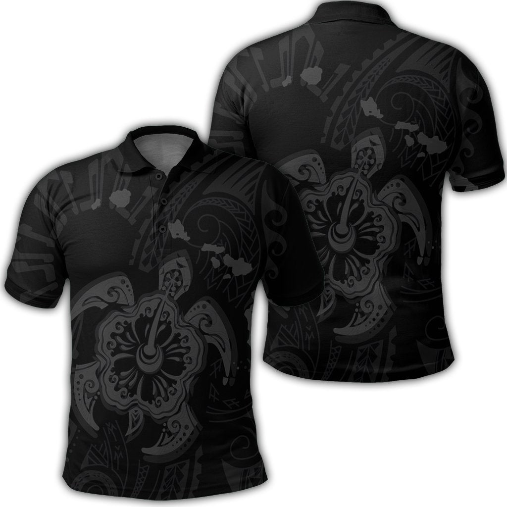 Hawaiian Map Kanaka Hibiscus Turtle Gray Polynesian Polo Shirt Unisex Black - Polynesian Pride