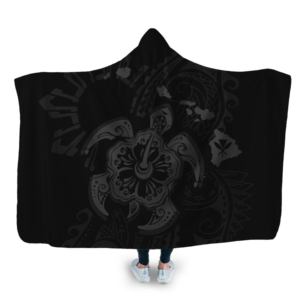 Hawaiian Map Kanaka Hibiscus Turtle Gray Polynesian Hooded Blanket - AH Hooded Blanket White - Polynesian Pride