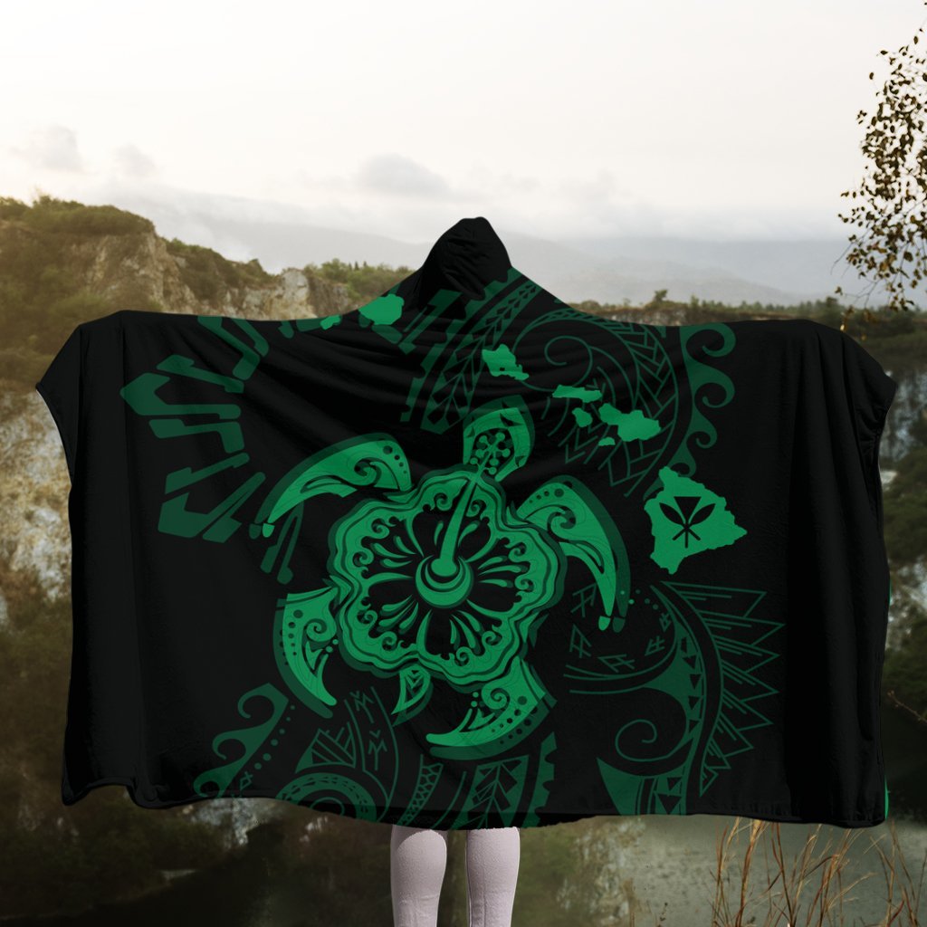 Hawaiian Map Kanaka Hibiscus Turtle Green Polynesian Hooded Blanket - AH - Polynesian Pride