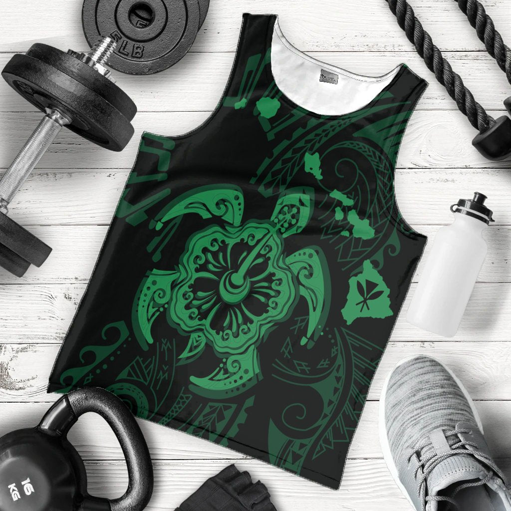 Hawaiian Map Kanaka Hibiscus Turtle Green Polynesian Tank Top - AH - Polynesian Pride
