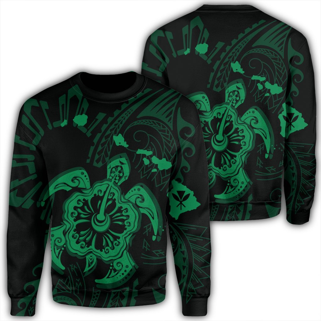 Hawaiian Map Kanaka Hibiscus Turtle Green Polynesian Sweatshirt - AH Unisex Black - Polynesian Pride