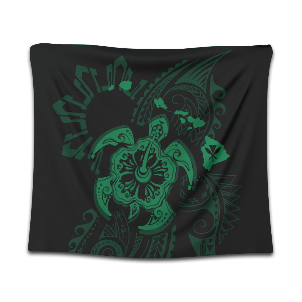 Hawaiian Map Kanaka Hibiscus Turtle Green Polynesian Tapestry - AH Wall Tapestry Black - Polynesian Pride