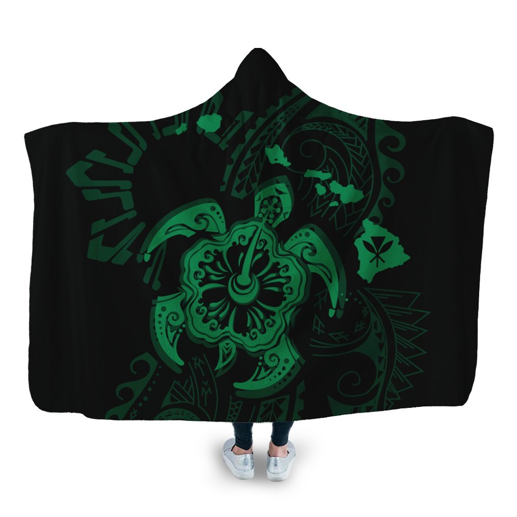 Hawaiian Map Kanaka Hibiscus Turtle Green Polynesian Hooded Blanket - AH Hooded Blanket White - Polynesian Pride