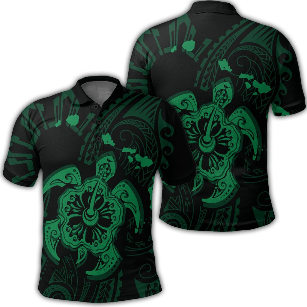 Hawaiian Map Kanaka Hibiscus Turtle Green Polynesian Polo Shirt Unisex Black - Polynesian Pride