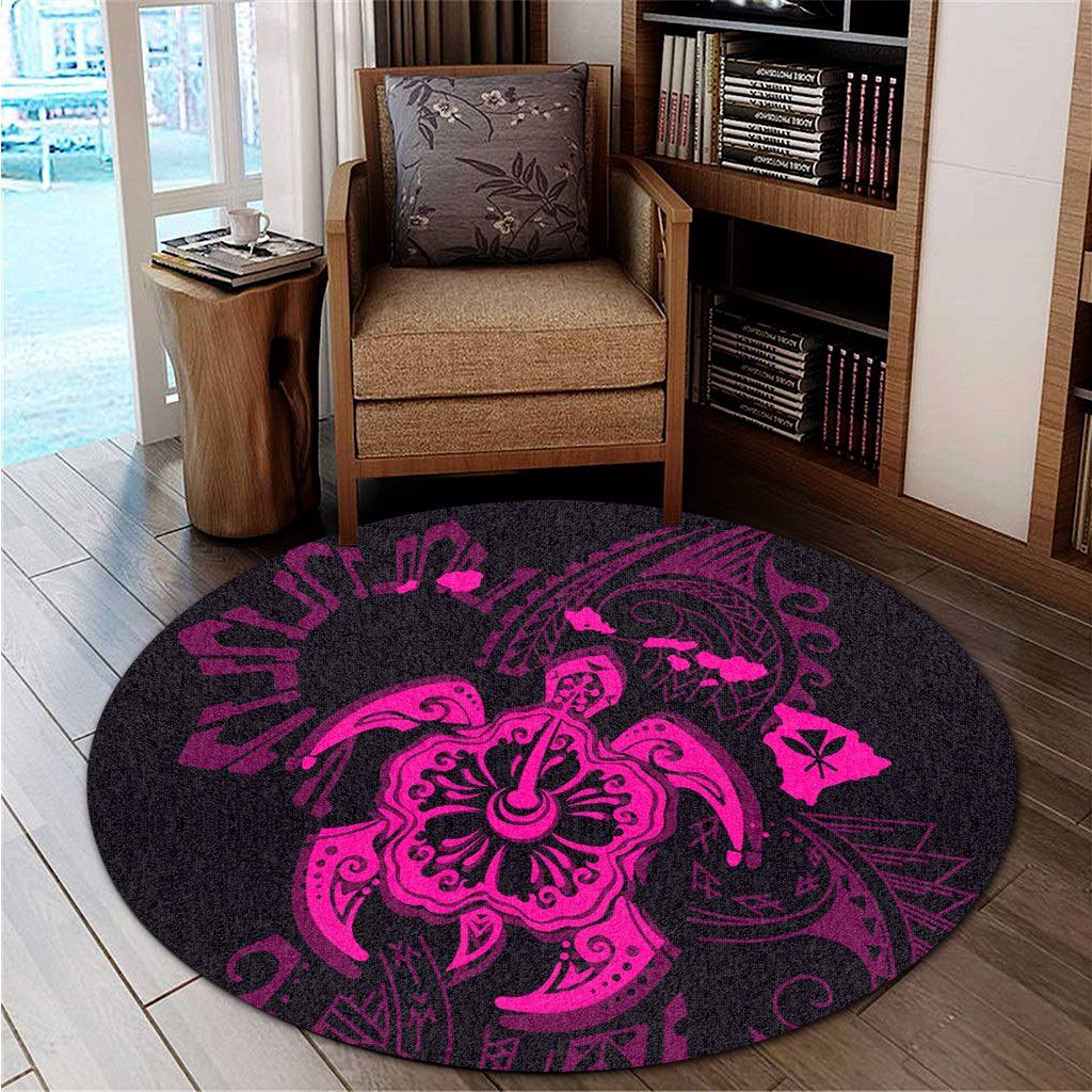 Hawaiian Map Kanaka Hibiscus Turtle Pink Polynesian Round Carpet - AH - Polynesian Pride