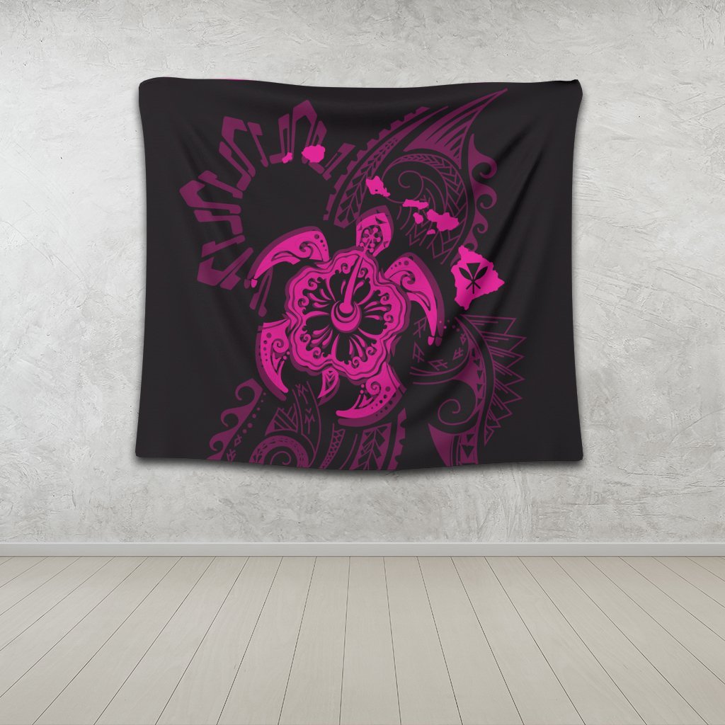 Hawaiian Map Kanaka Hibiscus Turtle Pink Polynesian Tapestry - AH - Polynesian Pride