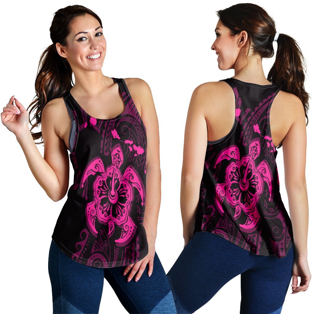 Hawaiian Map Kanaka Hibiscus Turtle Pink Polynesian Racerback Tank - AH Black - Polynesian Pride