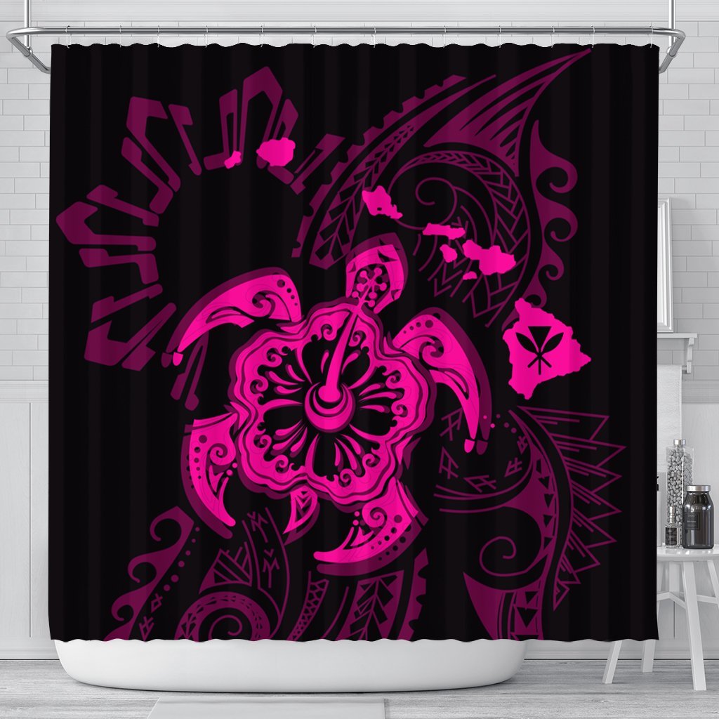 Hawaiian Map Kanaka Hibiscus Turtle Pink Polynesian Shower Curtain - AH 177 x 172 (cm) Black - Polynesian Pride