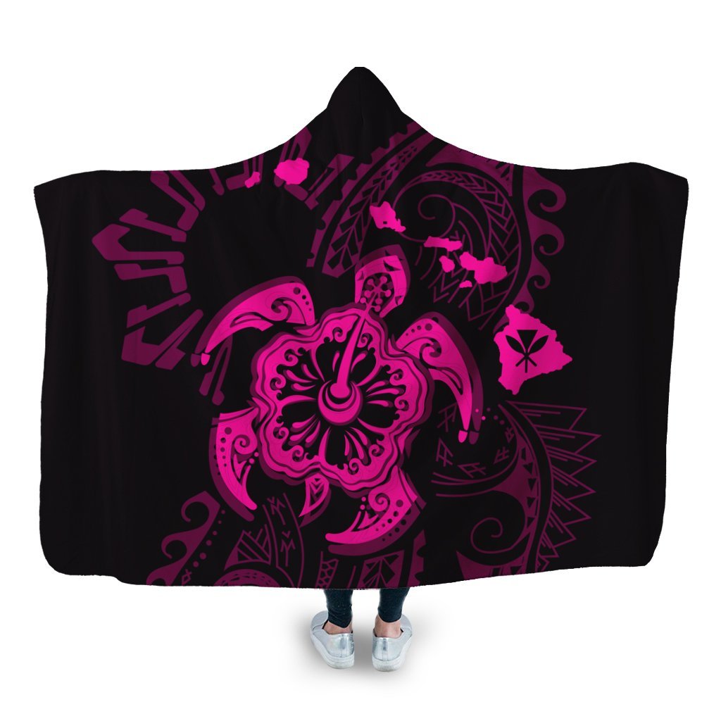 Hawaiian Map Kanaka Hibiscus Turtle Pink Polynesian Hooded Blanket - AH Hooded Blanket White - Polynesian Pride