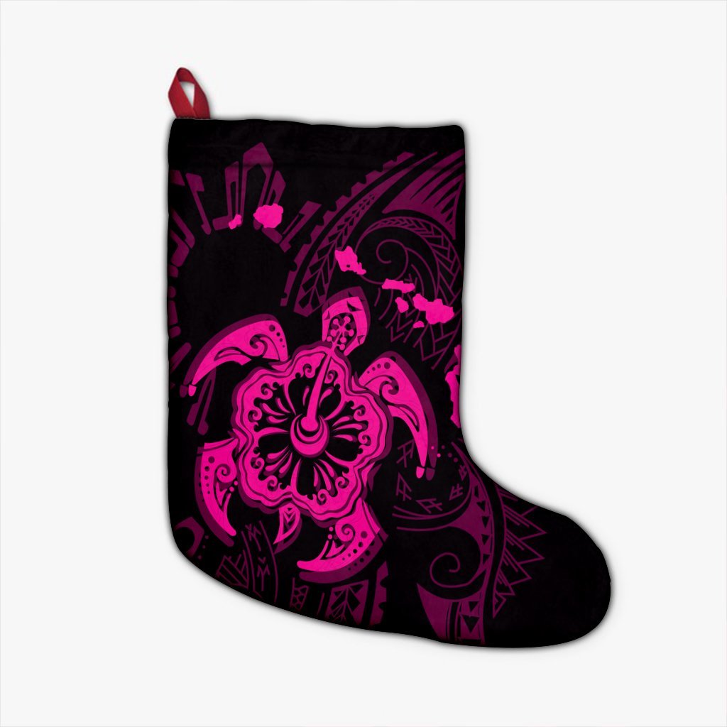 Hawaiian Map Kanaka Hibiscus Turtle Pink Polynesian Christmas Stocking - AH Christmas Stocking 26 X 42 cm Black - Polynesian Pride