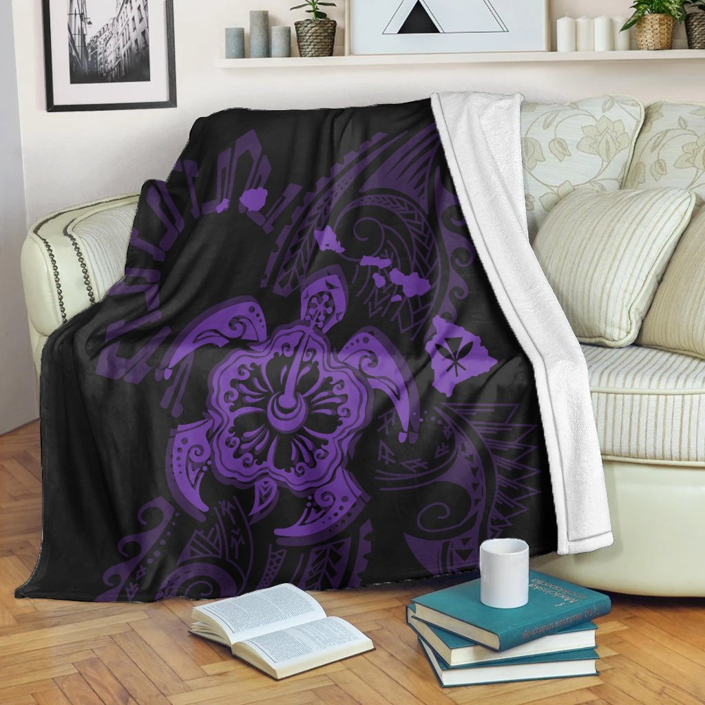 Hawaiian Map Kanaka Hibiscus Turtle Purple Polynesian Premium Blankets - AH White - Polynesian Pride