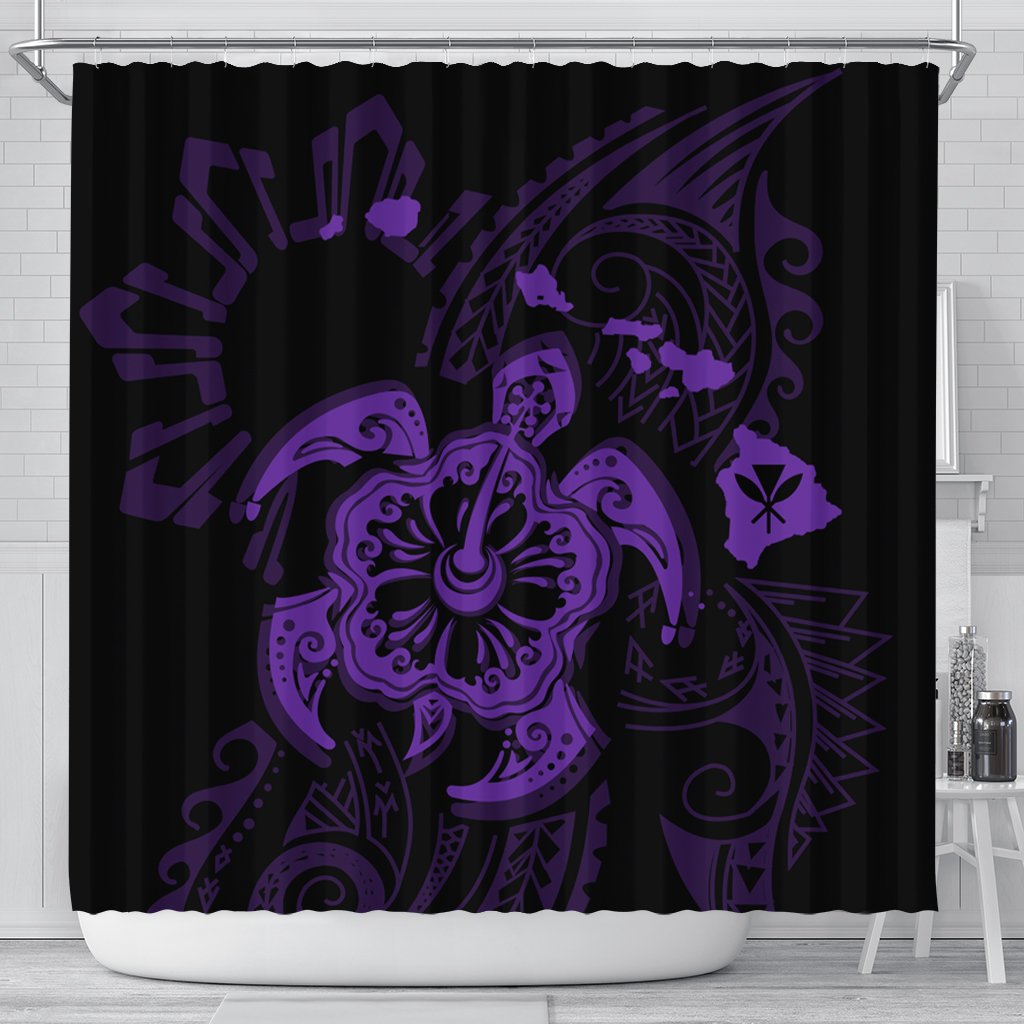 Hawaiian Map Kanaka Hibiscus Turtle Purple Polynesian Shower Curtain - AH 177 x 172 (cm) Black - Polynesian Pride