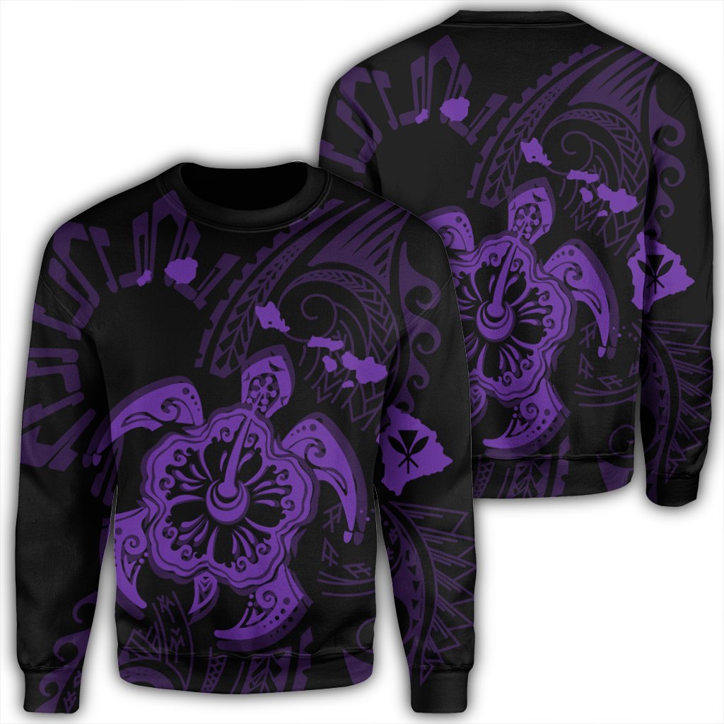 Hawaiian Map Kanaka Hibiscus Turtle Purple Polynesian Sweatshirt - AH Unisex Black - Polynesian Pride