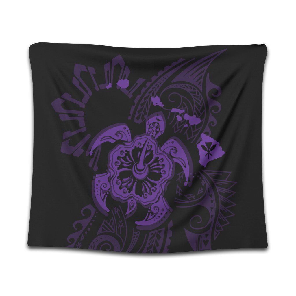 Hawaiian Map Kanaka Hibiscus Turtle Purple Polynesian Tapestry - AH Wall Tapestry Black - Polynesian Pride