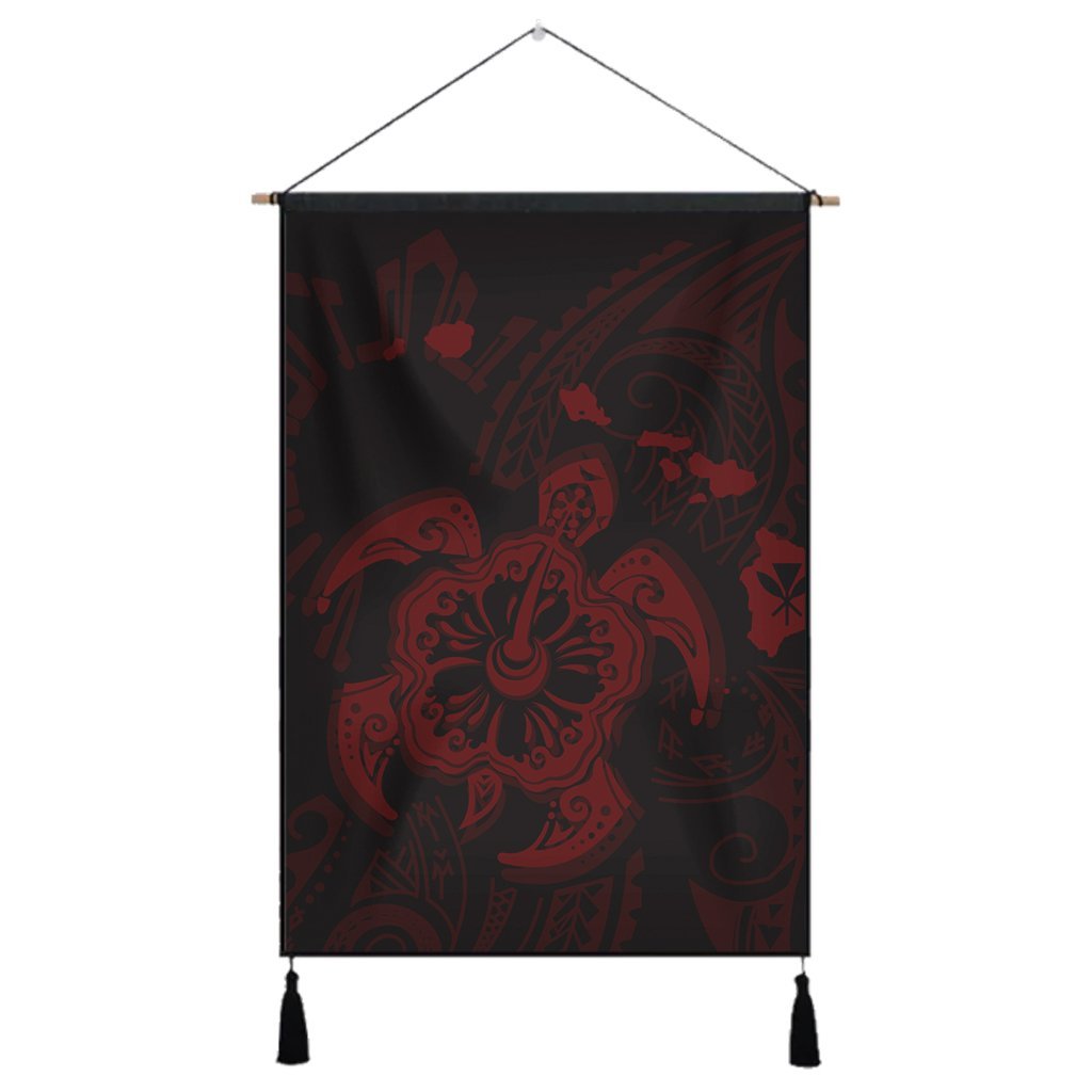 Hawaiian Map Kanaka Hibiscus Turtle Red Polynesian Hanging Poster - AH Hanging Poster Cotton And Linen - Polynesian Pride